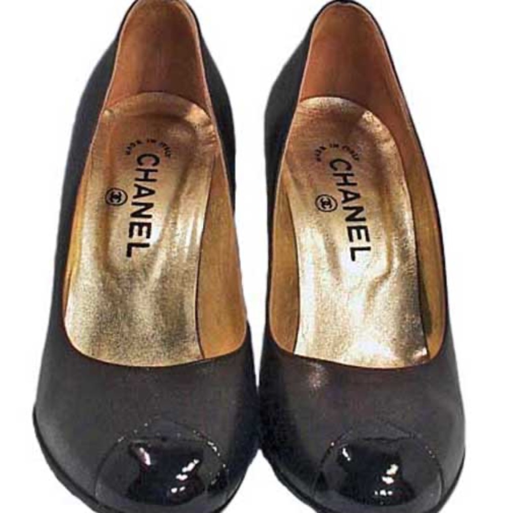 CHANEL PUMPS, Sz 7.5B, HEEL 3 ¼ inch, CHANEL NAME EMBOSSED ON HEEL BACKS, MADE